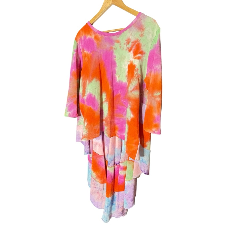 Why Dress Colorful Tie Dye Hi Low 3/4 Sleeve Tiered Ruffled Back NWT XL - Picture 14 of 14